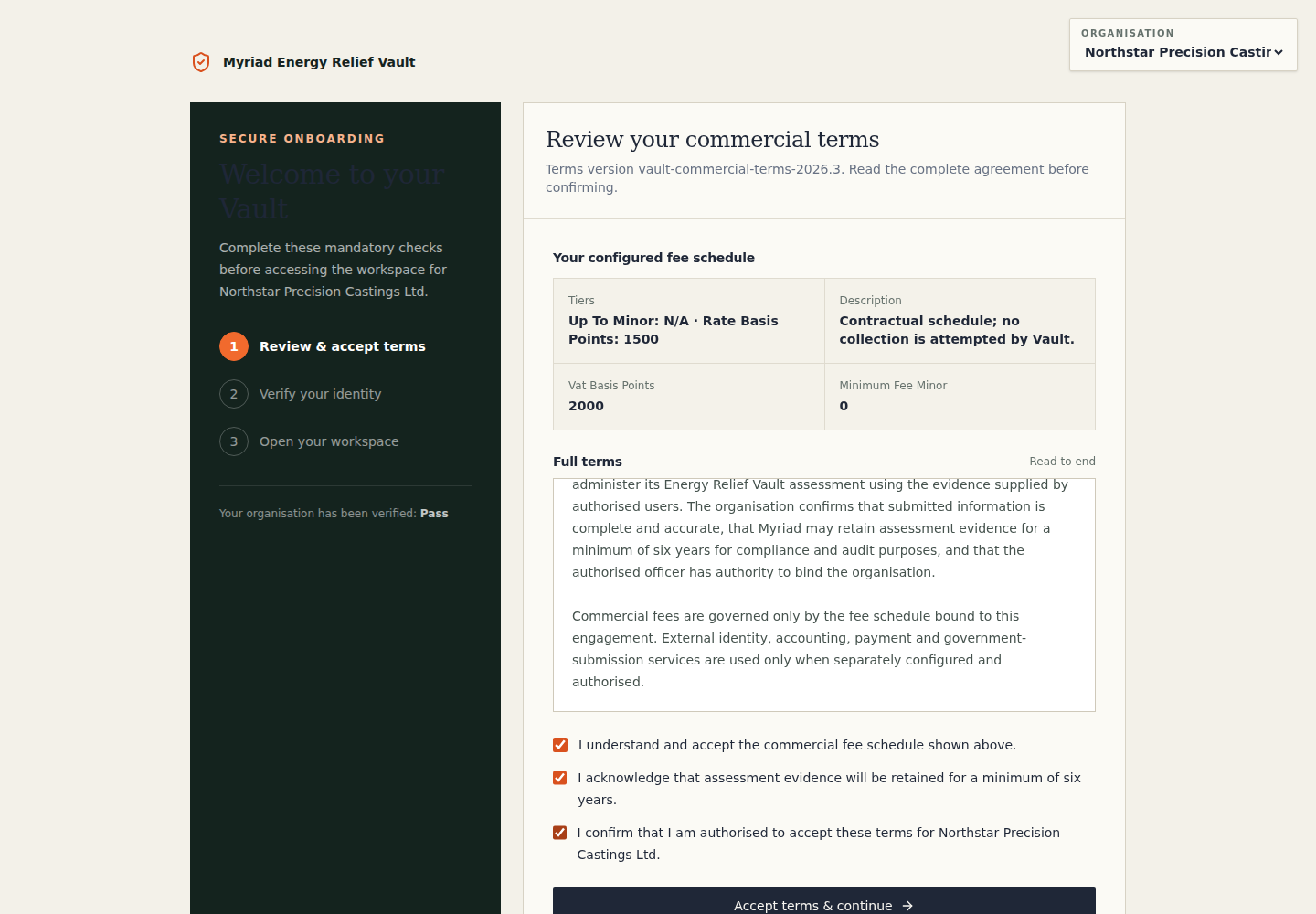 Energy Relief Vault commercial terms screen using synthetic company data, showing service terms, evidence retention and authorised acceptance checks.