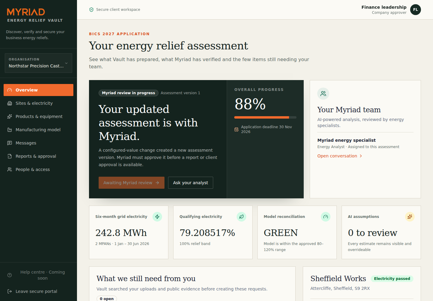 Energy Relief Vault executive assessment overview using synthetic manufacturer data, showing review status, progress, deadlines and outstanding actions.