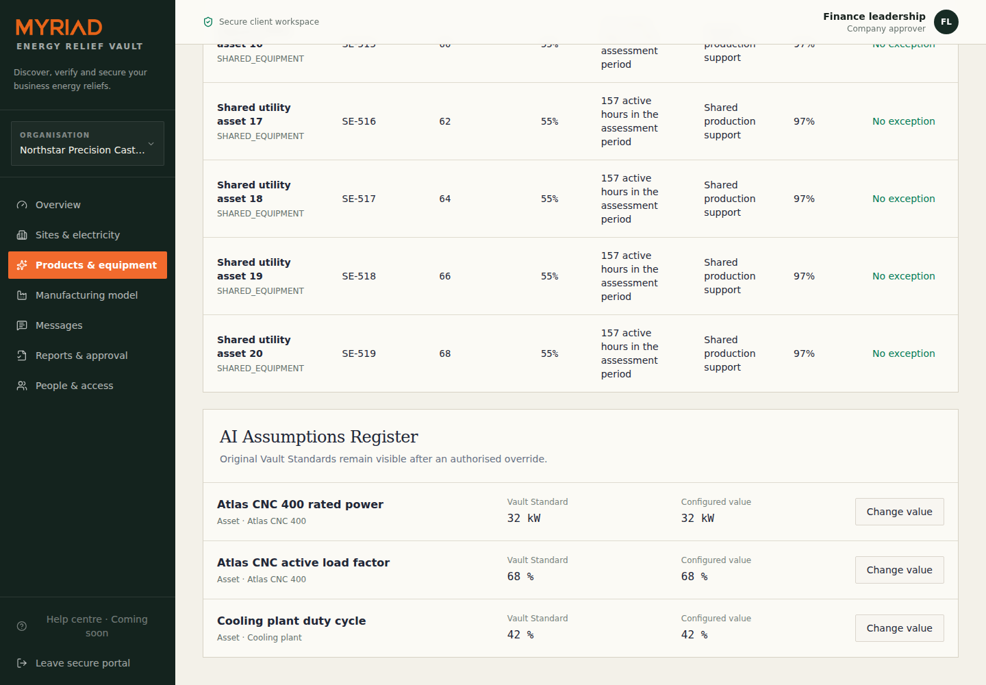 Vault evidence screen using synthetic equipment data and showing a register of reviewable AI assumptions and configured values.