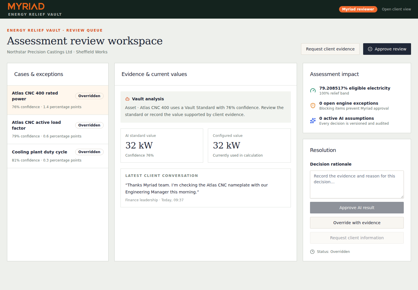 Energy Relief Vault specialist review workspace using synthetic manufacturing data and showing recorded technical judgements, ownership and audit history.