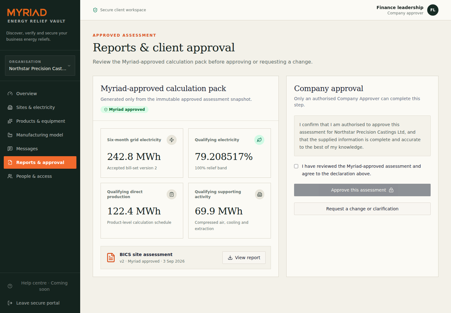 Energy Relief Vault reports and client approval screen using a synthetic BICS assessment, with specialist-controlled status and company approval actions.
